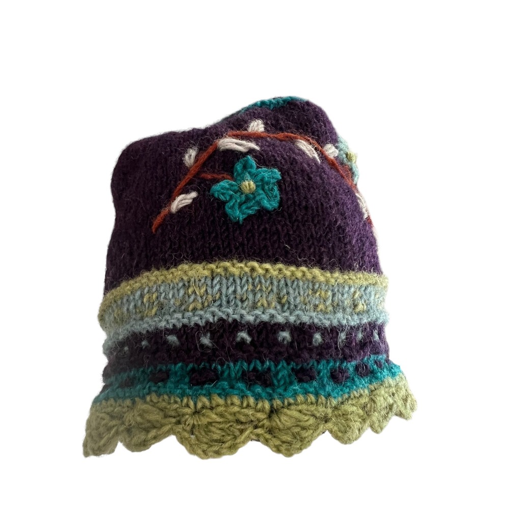 Rising Tide Purple Wool Floral Embroidered Fleece Lined Beanie Hat Nepal Boho